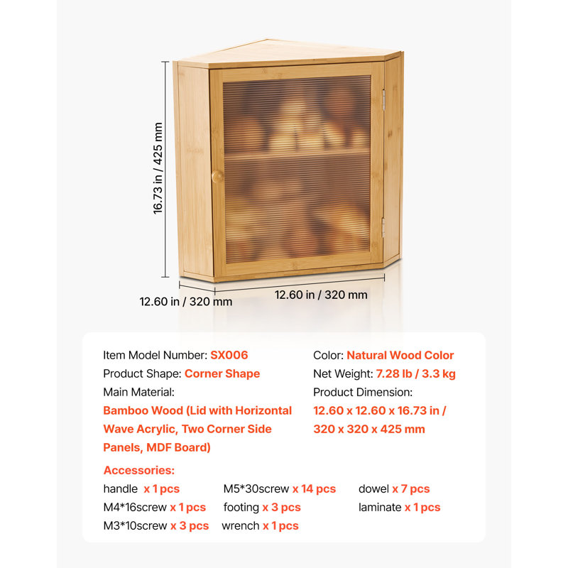 Corner Bread Box for Kitchen Counter Double Layer Bamboo Storage Container , Natural Wood