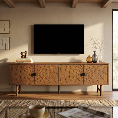 Meuble télé en bois massif 63,5 po NTC Bloom pour téléviseur de 75 po ou moins, console multimédia à 4 portes avec façade radiale sculptée à la main, meuble décoratif sculptural pour espace de vie, assemblage sans effort, aspect teck