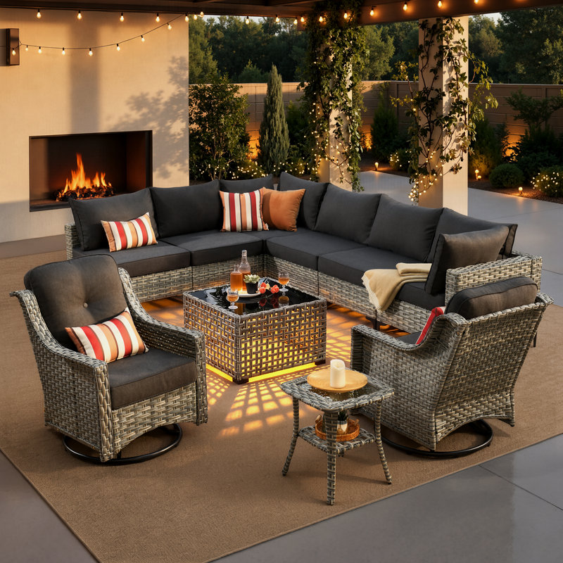 Emroy 8 - Person Wicker/Rattan Sectional Seating Group with Lighted Coffee Table and Swivel Chairs, All Weather Modular Outdoor Conversation Set with Cushions