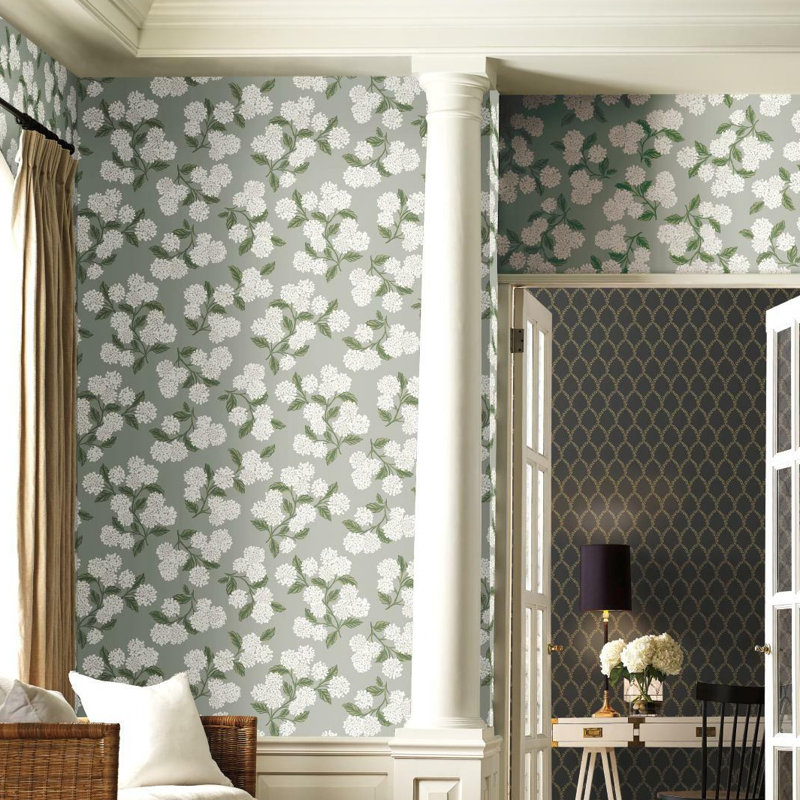 Papier peint 27 'x 27 "Hydrangea, Gris / blanc
