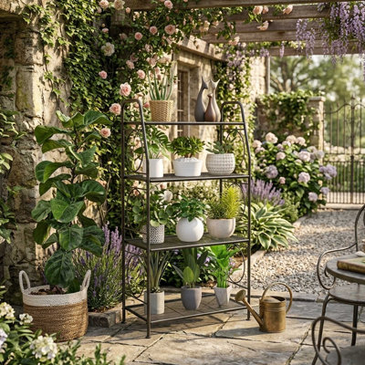 Support pour plante à 4 niveaux, tablette en métal robuste pour l'intérieur et l'extérieur