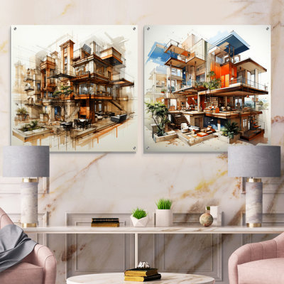 Analytic Drawing Of A Hotels Lodges - Hotels & Lodges Acrylic Wall Art Glass Set Of 2