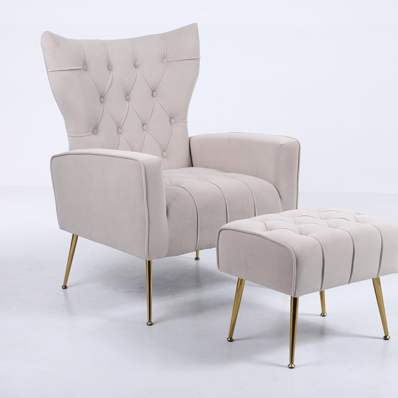 Chaise d'appoint rembourrée avec coussins capitonnés et repose-pieds beige, Beige