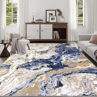 Grand tapis bleu 9 x 12 po, tapis décoratif en marbre abstrait, tapis moelleux de luxe pour les zones très passantes, tapis lavables pour le salon, tapis de cuisine antidérapant pour la maison