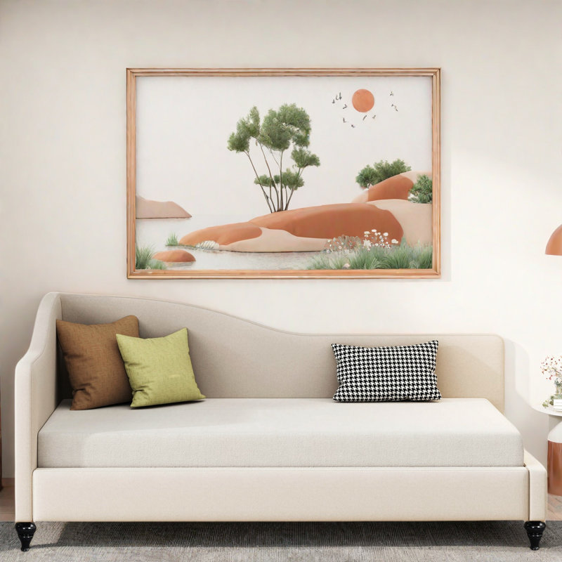 L-shaped Linen Daybed With Solid Wood Legs, Twin, Beige