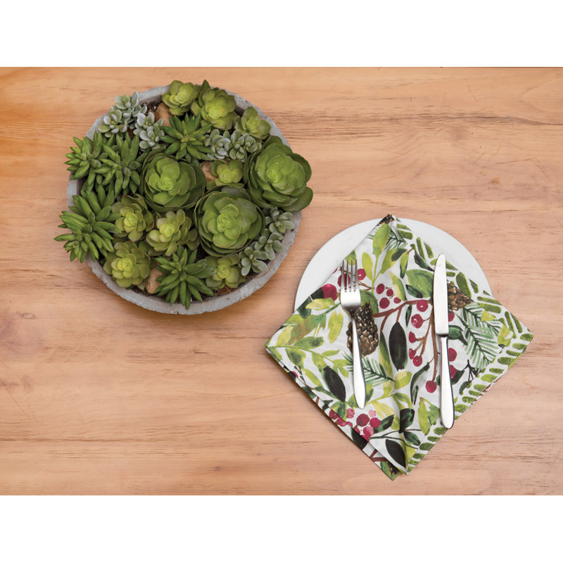 Tyson Pines Botanical Reversible Green Watercolor 20" X 20" Machine Washable Dinner Cloth Napkin Set Of 6