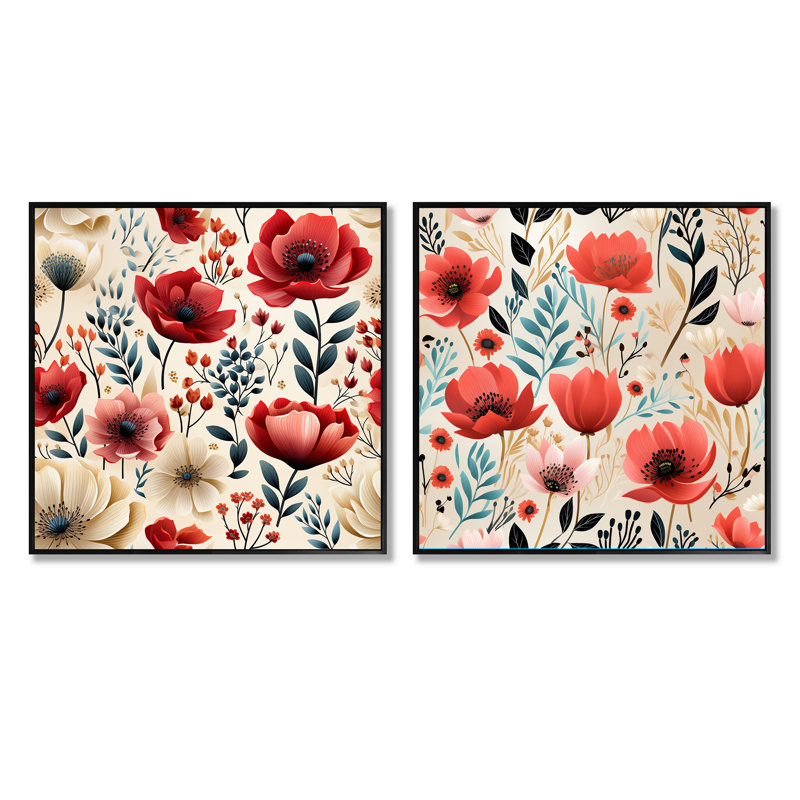 Weishaar - Ensemble de 2 collages carrés floraux, Cadre flottant noir, H 16 po x l 33 po