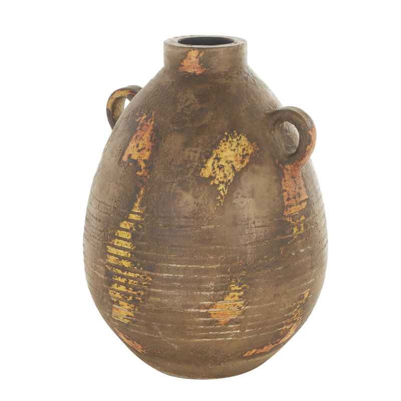 Anelis Ceramic Antique Style Distressed Decorative Brown Vase with Grooves and Handles