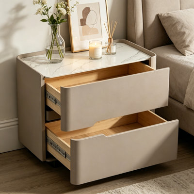 Table de chevet en bois massif de style italien avec 2 tiroirs et plateau en marbre blanc - table de chevet en bois massif pour le salon et la chambre à coucher (19,7 po x 15,7 po x 19,7 po)