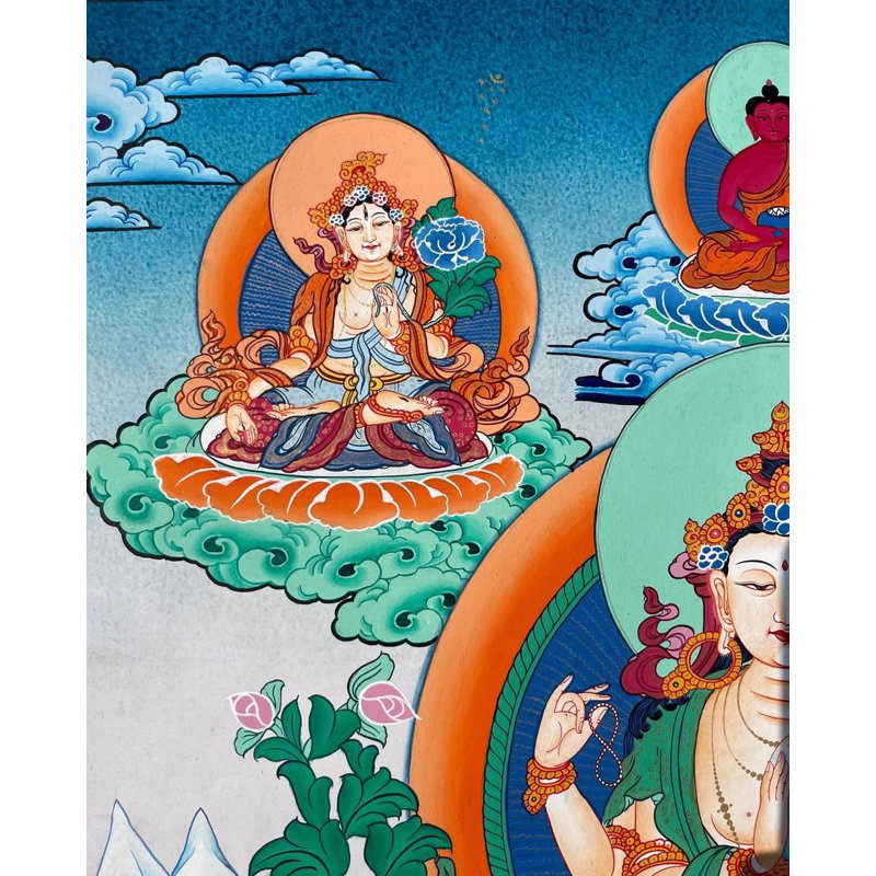 Chengrezig Thangka (Thangka sans brocart) | Or 24 carats, gouache et acrylique sur toile de coton