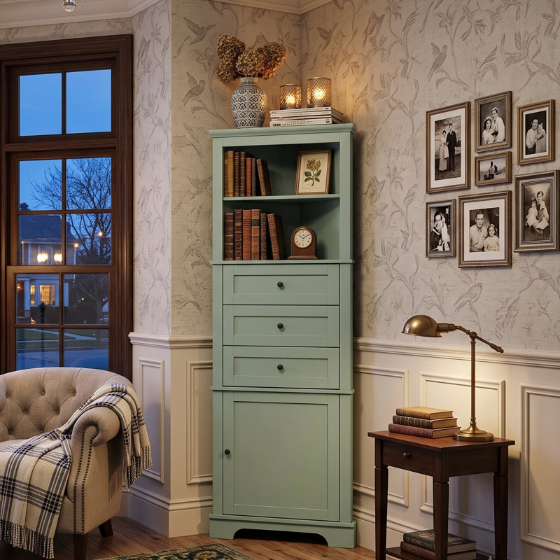 Traditional Tall Corner Cabinet, 68.9"H Freestanding Storage Unit With 3 Drawers & Adjustable Shelves, Green