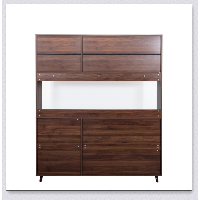 Armoire de cuisine autoportante en noyer avec 4 portes, 4 tiroirs et une tablette à micro-ondes pour un rangement spacieux et une conception moderne