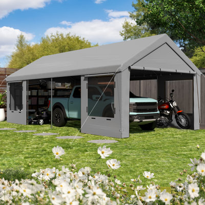 12' X 24' Heavy Duty Carport With Roll-up Windows & Removable Sidewalls -  All-season Shelter For Vehicles, Gray