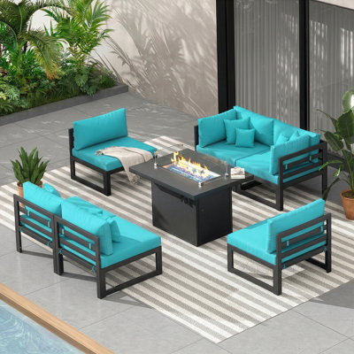Gillet 7-Piece 6-Person Outdoor Patio All-Aluminum Sectional Conversation Set with 60,000 BTU Fire Pit Table and 4" High-Resilience Foam Cushions