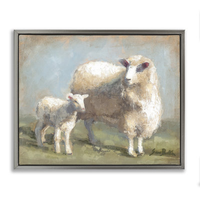 «Sheep Lamb Family Farm» par Sara Baker, peinture sur toile à cadre flottant
