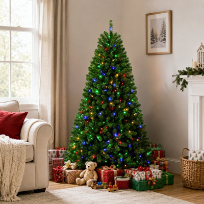 Sapin de Noël artificiel vert pré-illuminé avec lumières DEL bicolores commutables (blanc chaud et multicolore), matériau PE+PVC de qualité supérieure, branches réalistes, support robuste, montage facile, décoration de Noël pour de multiples occasions.