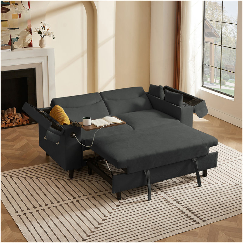 Canapé en chenille gris foncé avec table d'appoint et port USB, Gris foncé