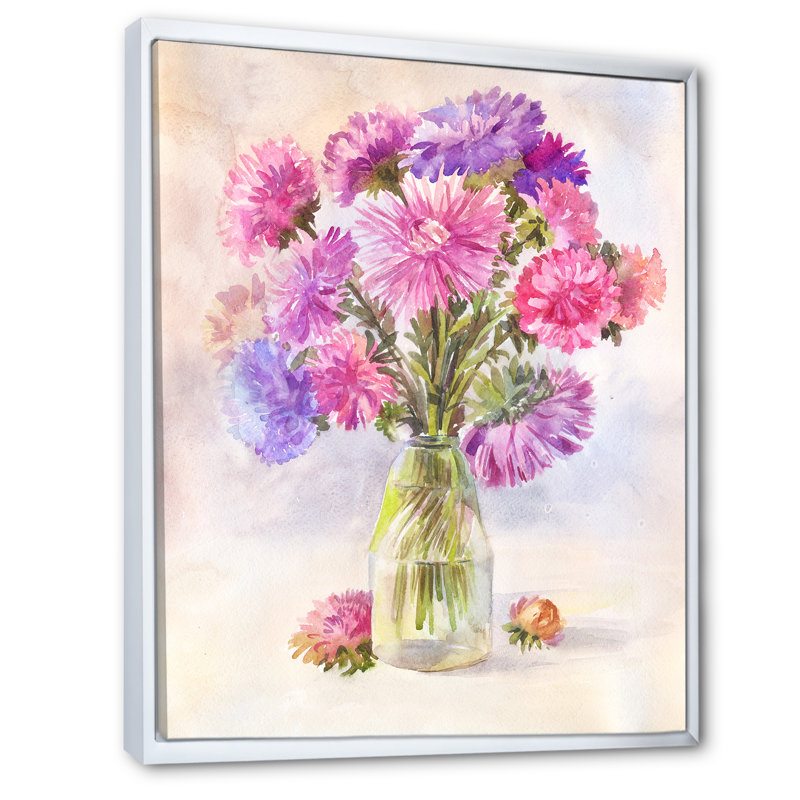 Bouquet de lilas Aster - peinture sur toile, H 32 po x l 16 po x P 1 po, Cadre flottant blanc