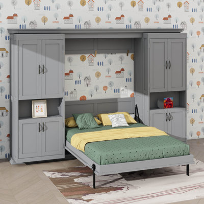 Lit escamotable double avec deux unités de rangement coulissantes, lit escamotable, deux tablettes latérales à 6 niveaux