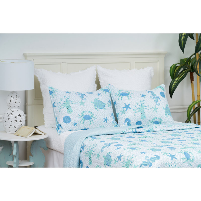 King Blue Reversible Microfiber Coastal Quilt Set