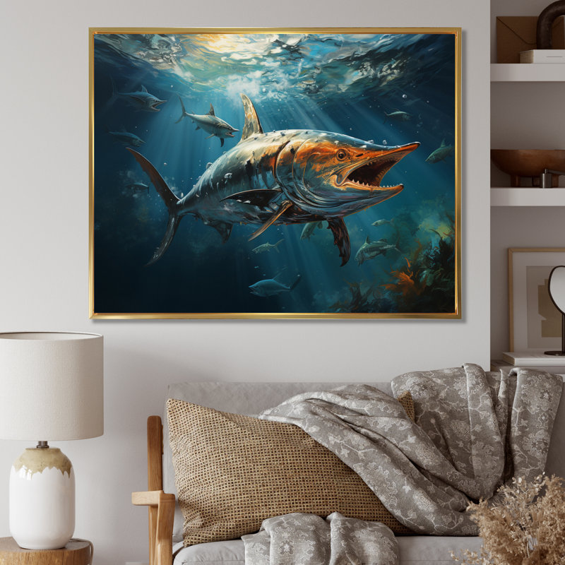 " Fishing Majestic Marlins Jumping III ", H 34 po x l 44 po x P 1,5 po, Cadre flottant doré