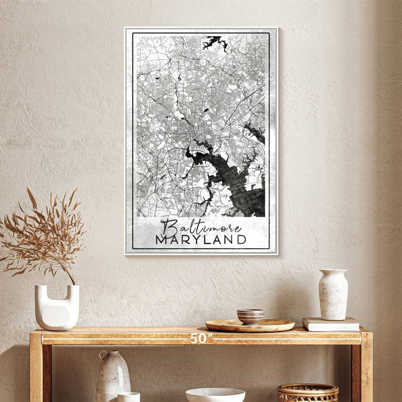 Carte de la ville de Baltimore, 25" x 37", Cadre flottant blanc