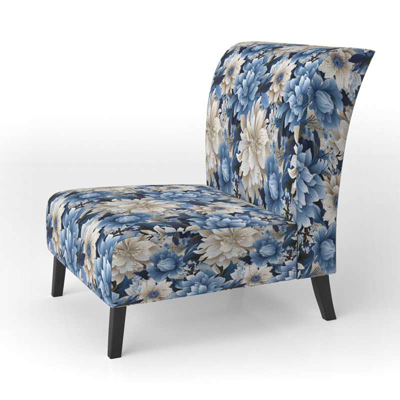Fauteuil d'appoint bleu et blanc à motif floral zen et apaisant - Fauteuil de style campagnard en velours,