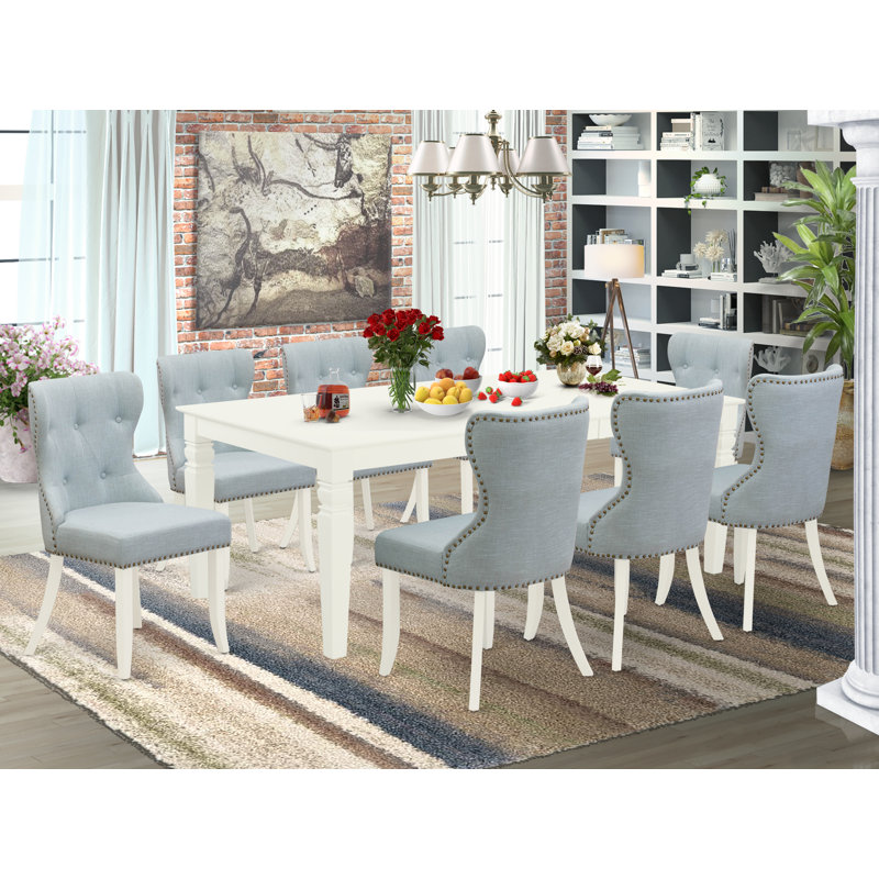 9 Piece Kitchen Table Set Includes a Rectangle Dining Table with Butterfly Leaf and 8 Baby Blue Linen Fabric Parsons Dining Chairs, Linen White