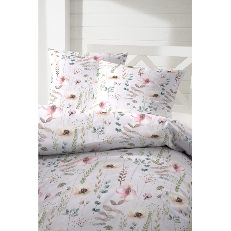 Kurie Organic Cotton Floral Duvet Cover Set with Pillow Shams, 155 x 220 cm - 1 Pillowcase (80 x 80 cm), Pink/Green
