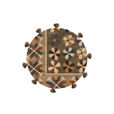 Beige Themed Multicolored Mixed Shape Pattern Modern Woven Base Round Decorative Machine Washable Area Rug