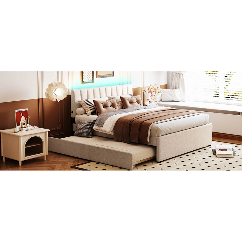 Grand lit plateforme tapissier avec lit gigogne simple TG - Beige pour une chambre à coucher intemporelle et charmante