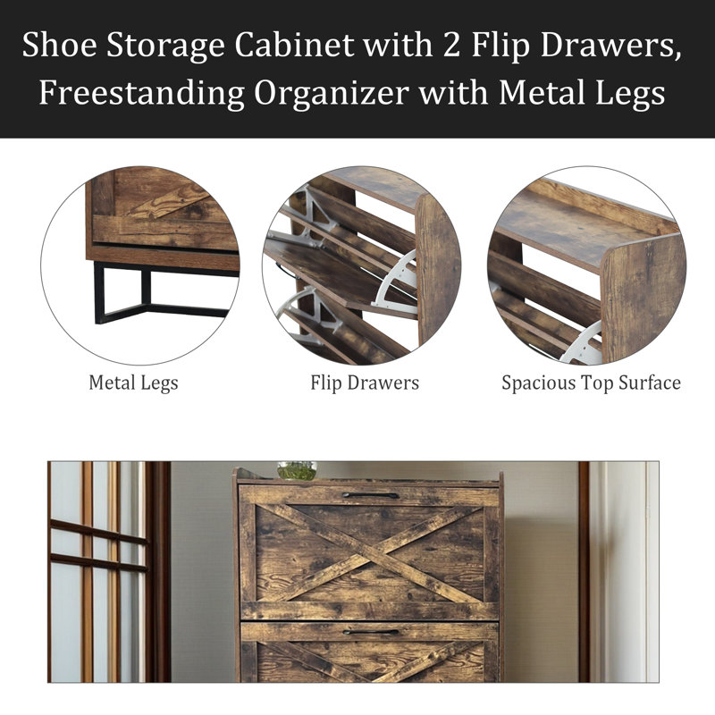 Armoire de rangement pour chaussures avec 2 tiroirs rabattables, organisateur autoportant avec pieds en métal pour le vestibule, étagère à chaussures étroite, brun rustique