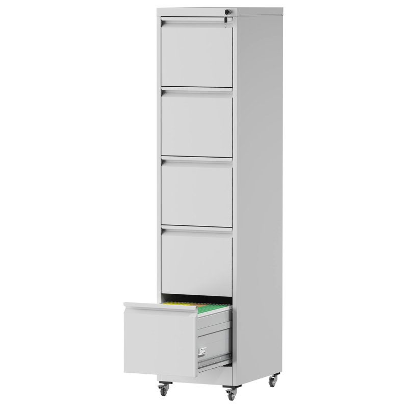Panthia 5 Drawer Metal Vertical File Cabinet On Wheels For Office Use, Storage A4/Letter/Legal Size Files, White, 17.71"D*15.18"W*63.07"H, - Tipping Feature, Easy To Move Design, Mobility
