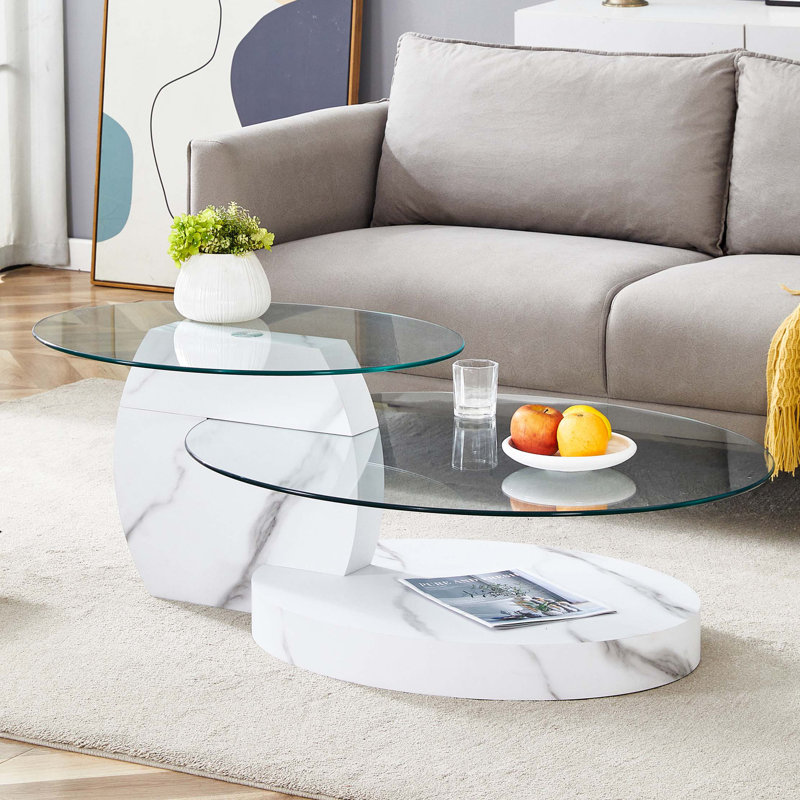 Table basse moderne à double couche avec motif de marbre moderne, design polyvalent, autocollant de panneau de densité, verre renforcé, comptoir ovale