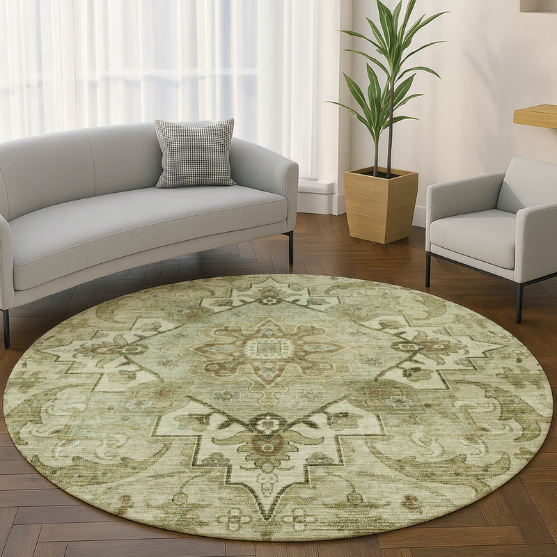 Premium Machine Washable Mayfield AMF2164 global Rug, Round 8' , Sage
