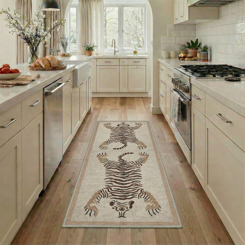 Tiger Animal Print Machine Washable Beige / Brown Indoor Area Rug with Non-Slip Backing, Runner 2' x 6'