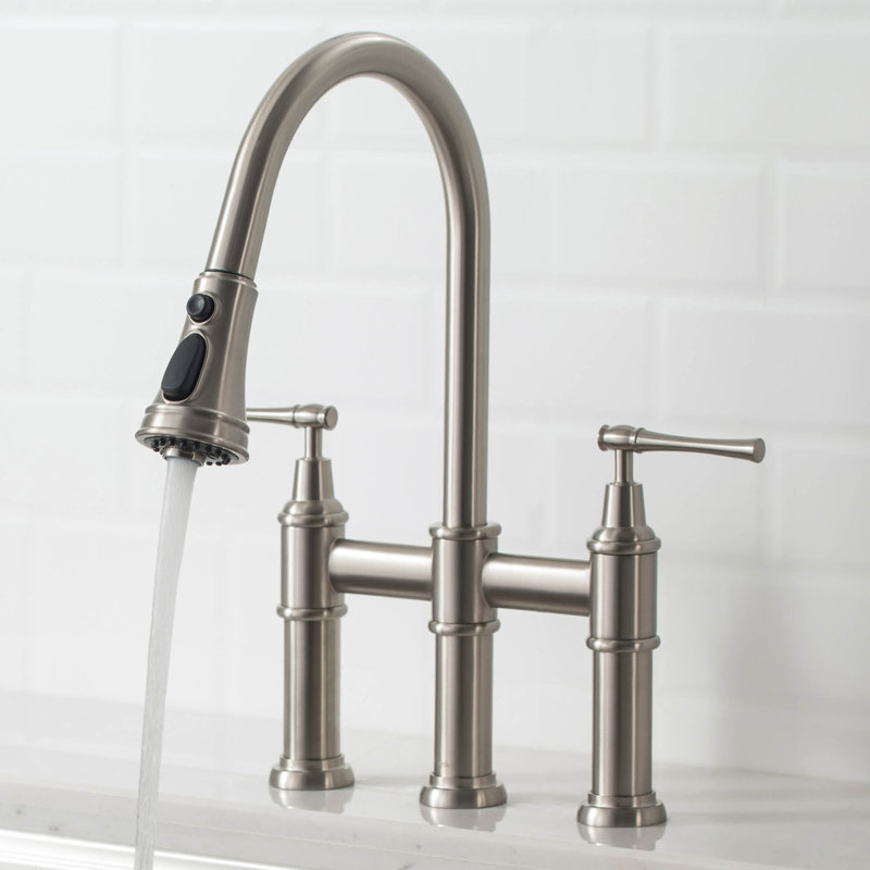 KRAUS Allyn Transitional Bridge Kitchen Faucet with Pull-Down Sprayhead, Spot Free Stainless Steel
