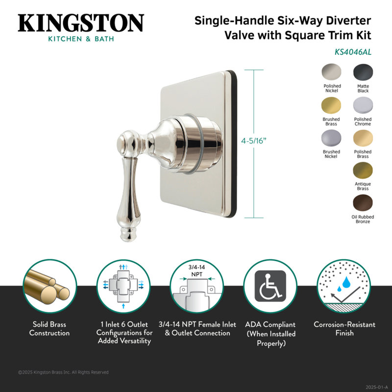Kingston Brass Restoration Single-Handle Wall Mount Six-Way Diverter Valve with Trim Kit, Antique Brass