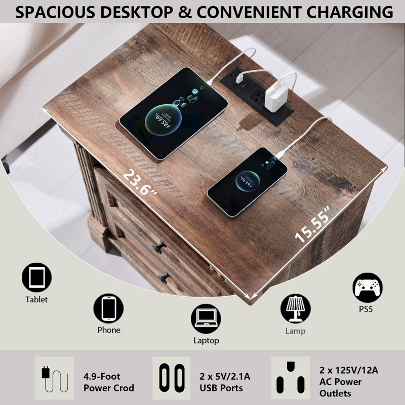 Table de chevet 26 po avec station de charge Burlington, Light Brown, 1