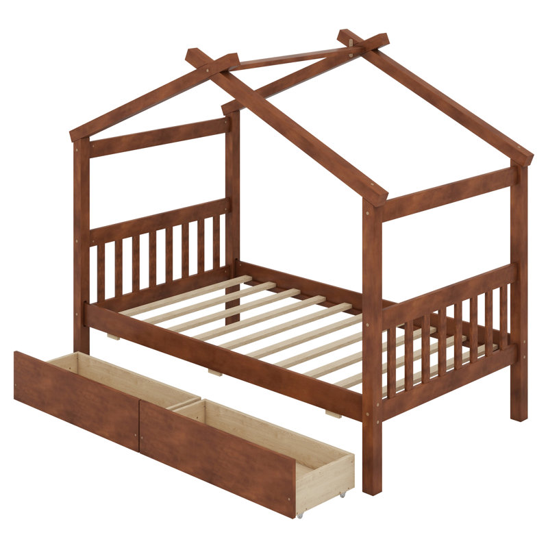 Wooden House Bed With Drawers, Walnut, Full / Double