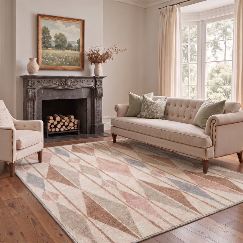 Tapis ivoire / rose moderne à motif géométrique performant et antidérapant, Rectangle de 10 pi x 14 pi