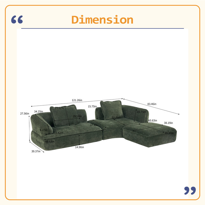 Canapé modulaire en forme de L 121,26 po avec éponge entièrement compressée haute densité et méridienne, Vert
