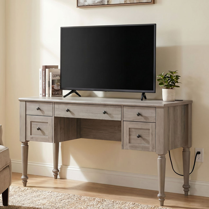Corretta Morden TV Stand for 60 inch TV with 5 Drawers, Wooden Universal TV Stand with Storage Cabinets, Vintage Office Desk with Charging Station, Entertainment Center TV Console Table for Living Room, Wash Grey