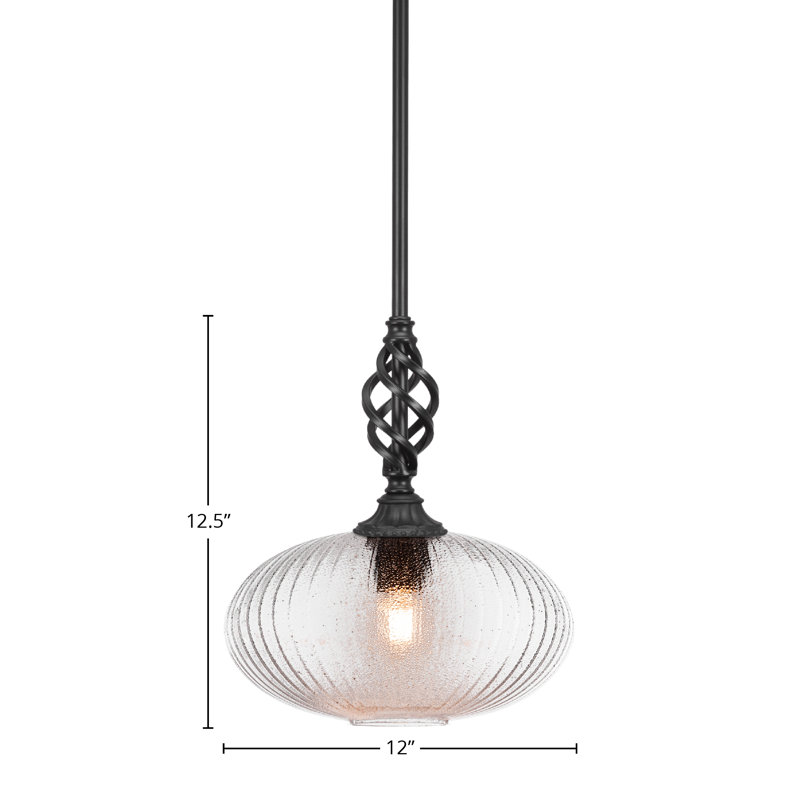 Mini-luminaire suspendu Eleganté avec finition en noir mat et verre strié à microbulles de 12 po