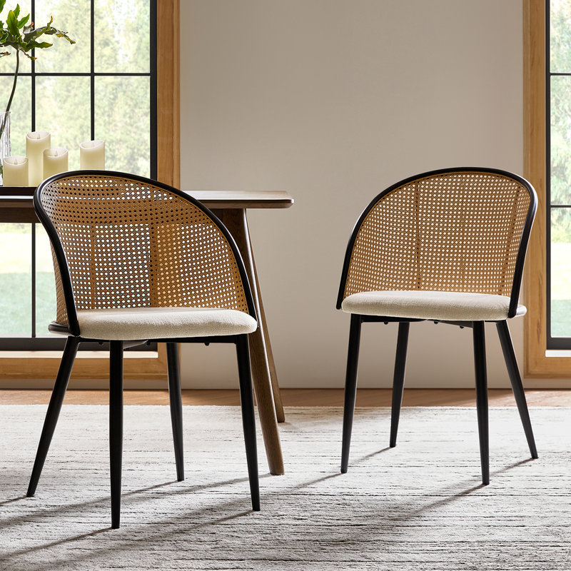 Contrell Mid-Century Modern Dinning Chair with Rattan Hollow Backrest (Set of 2), Linen