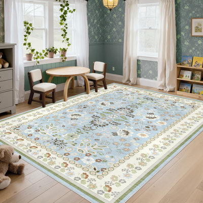 Tapis bohème floral lavable moderne avec envers antidérapant pour le salon - bleu