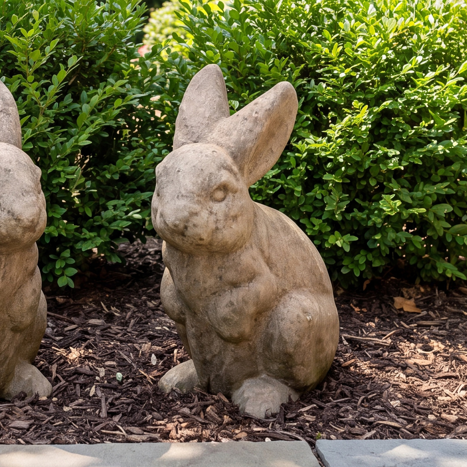 Rabbit Ears Up Garden Statue, Aged Limestone