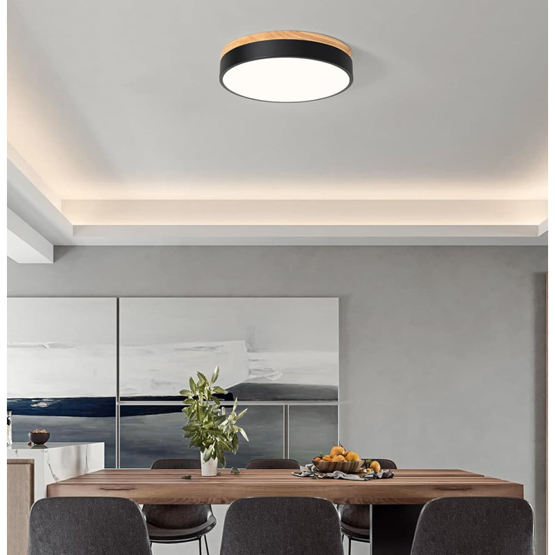 Modern Black and Wood LED Flush Mount Ceiling Light