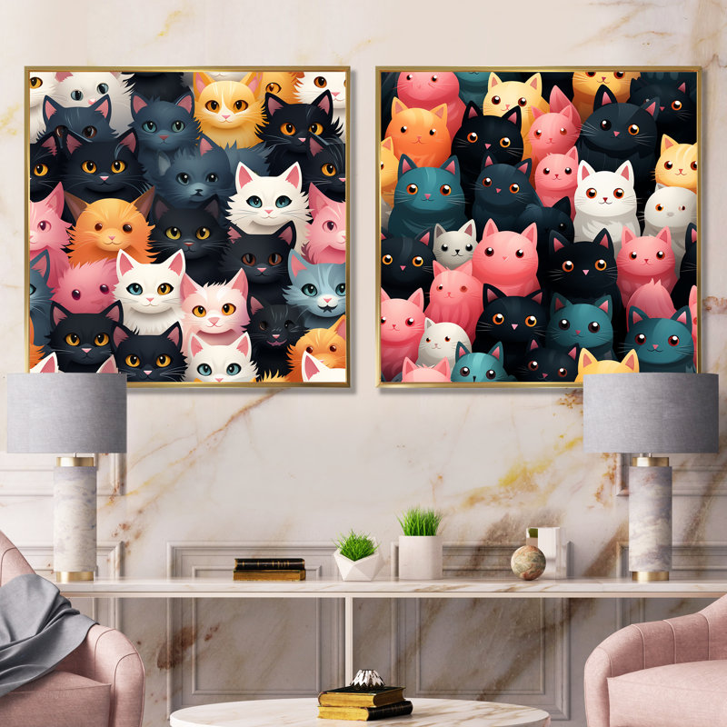 Motif de chat rose et bleu pour enfants - ensemble de 2 décorations murales de chats, Encadrement doré