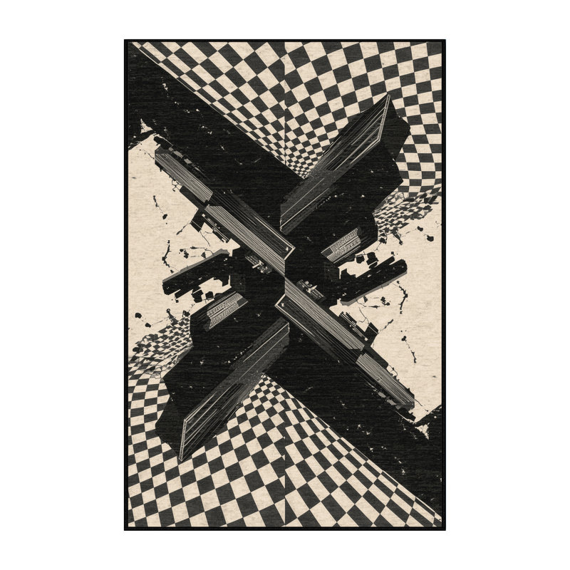 Machine Washable Orkan Sao Paulo Skyline Modern & Contemporary Checkered Rug in Beige – Black Binding, 7x9